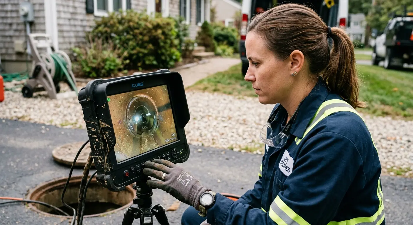 Technician reviewing sewer camera inspection footage in Montville