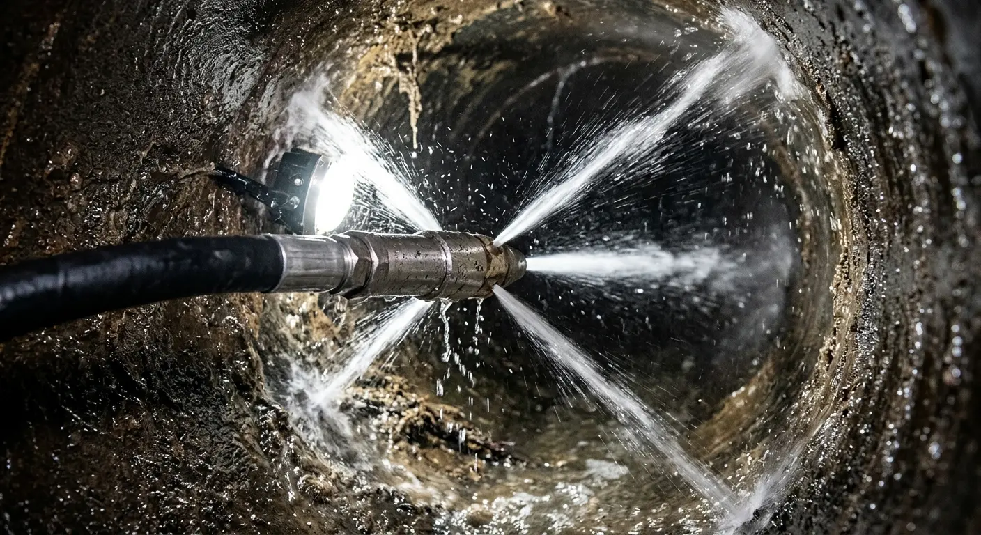 High-pressure hydro jetting nozzle cleaning sewer pipe for Trenchless Sewer Repair in Montville