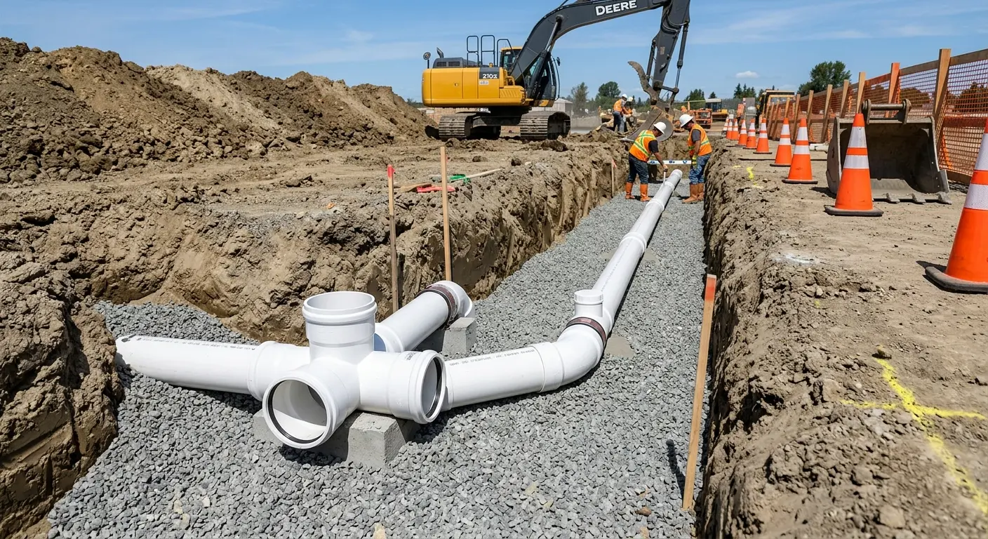 New PVC sewer pipe installation in open trench for Commercial Drain Cleaning in Montville