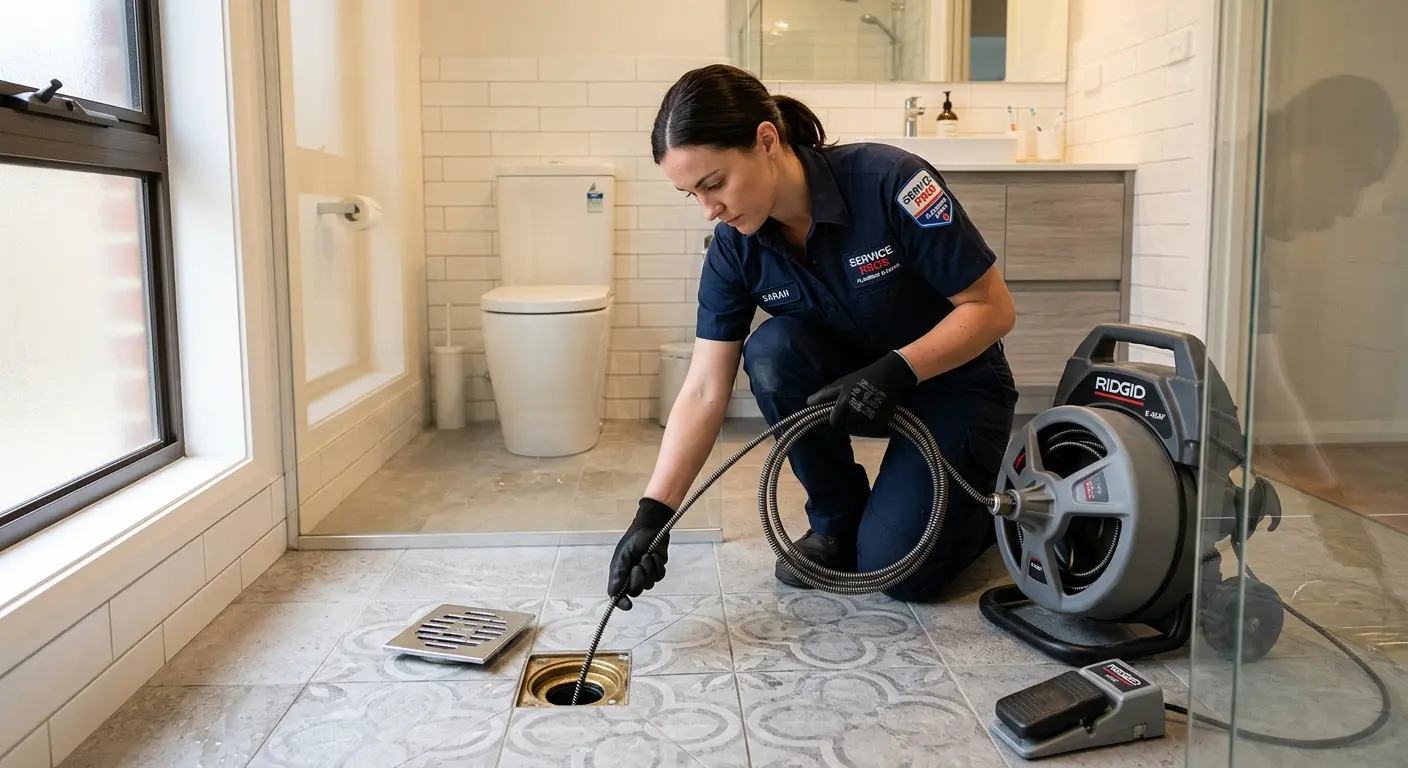 Technician clearing a bathroom floor drain for Clogged Drain Repair in Montville